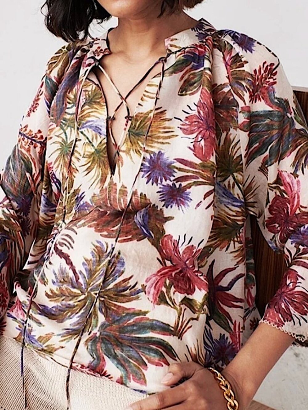 CHUFY La Dolce Vita Leone Silk Print Blouse Top Tie Neck Porto Print